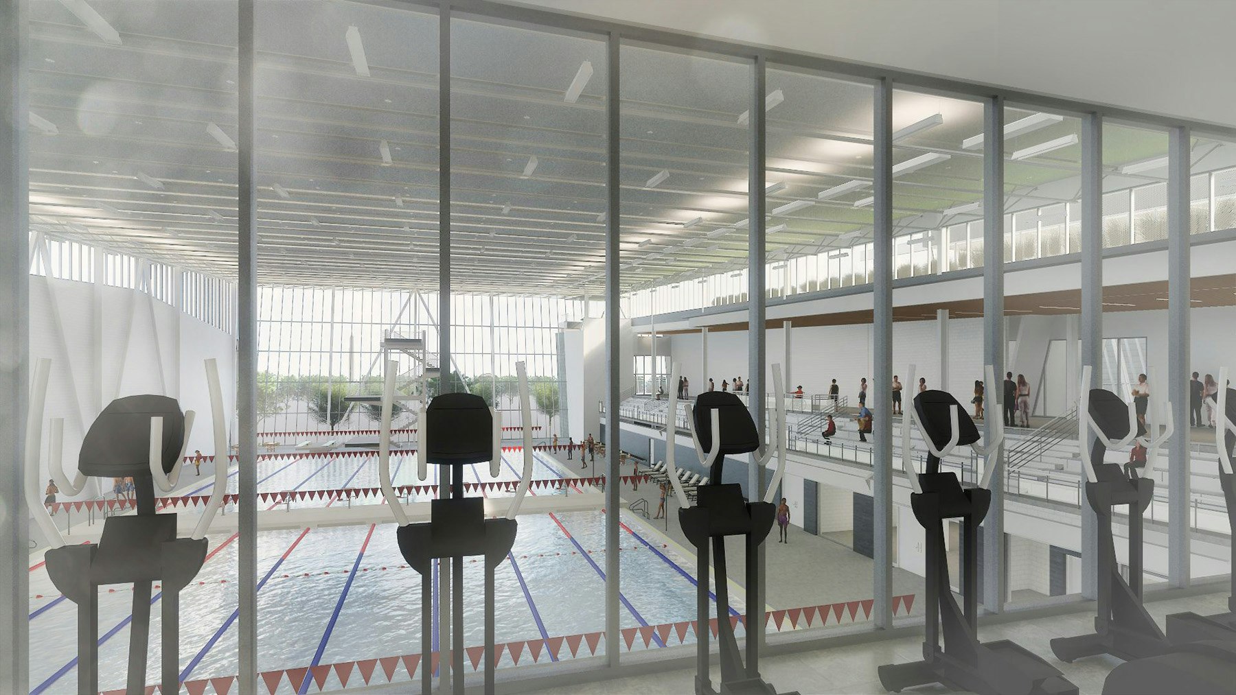 This facility will feature a 50‐meter pool with a 500-seat bleacher, a combination of play and teaching pool, approximately 10,000 SF of health and fitness space, administrative offices, and community rooms.